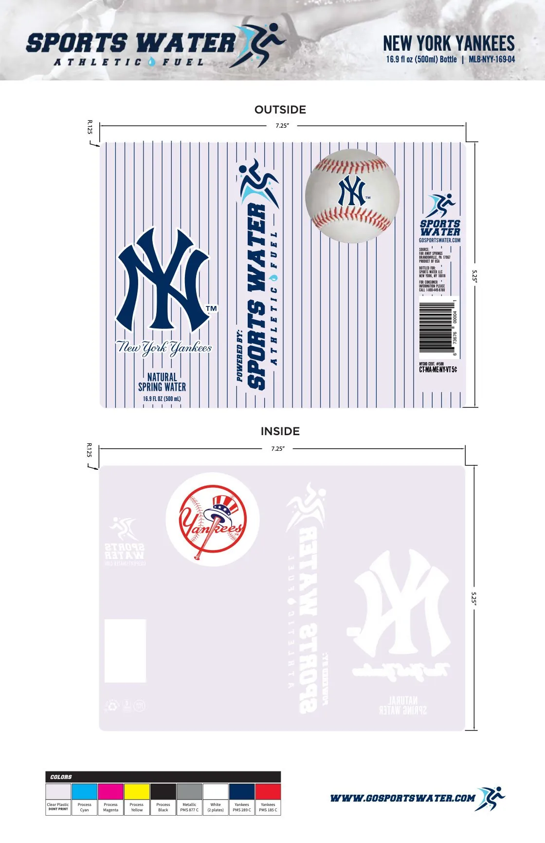 Sports Water × MLB / NYY 16.9oz bottle label artwork