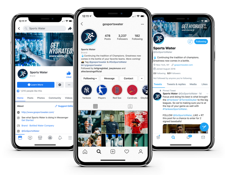 Sports Water social media presence across Instagram, Twitter, and Facebook